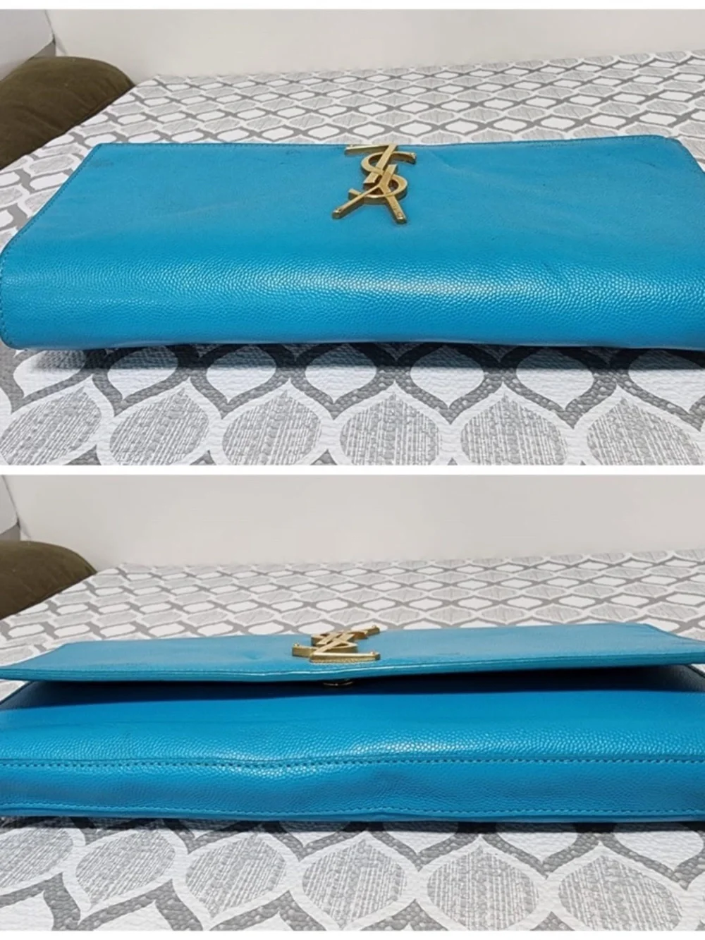 Authentic YVES SAINT LAURENT Caviar Leather Cassandre Clutch Bag turquoise - Picture 8 of 15